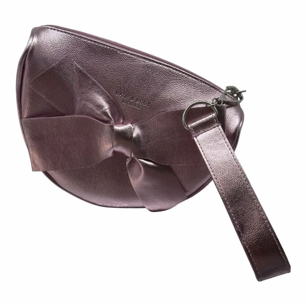 Bath Body Works Metallic Pink Bow Mini Cosmetic Bag Makeup Zippered Wristlet NWO